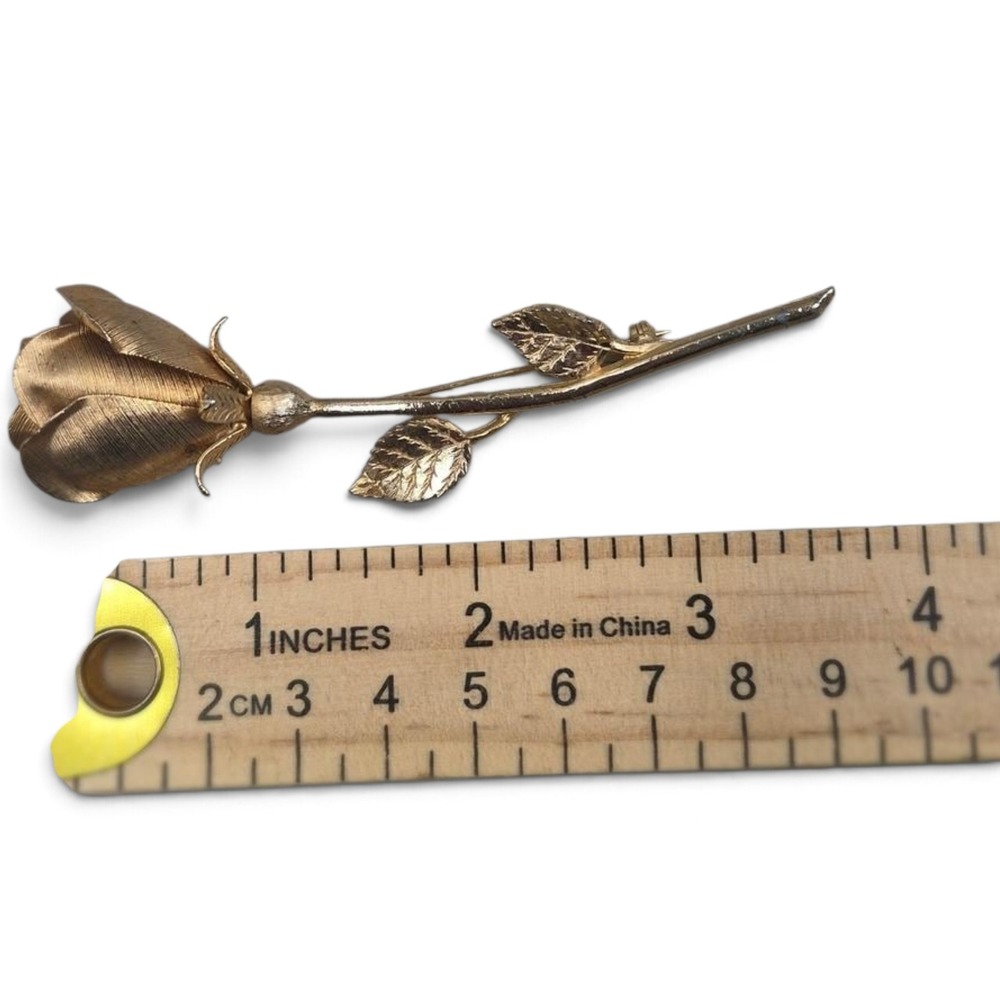 Rose Brooch Women OS Gold Textured Long Stem Floral Pin - Picture 3 of 3